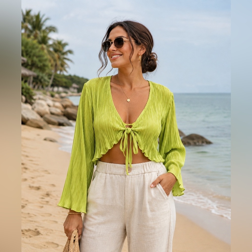 Lime Green Plisse Crop Top with bell sleeves and tie front
